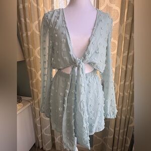 Light Blue Textured Tie-Front Dress